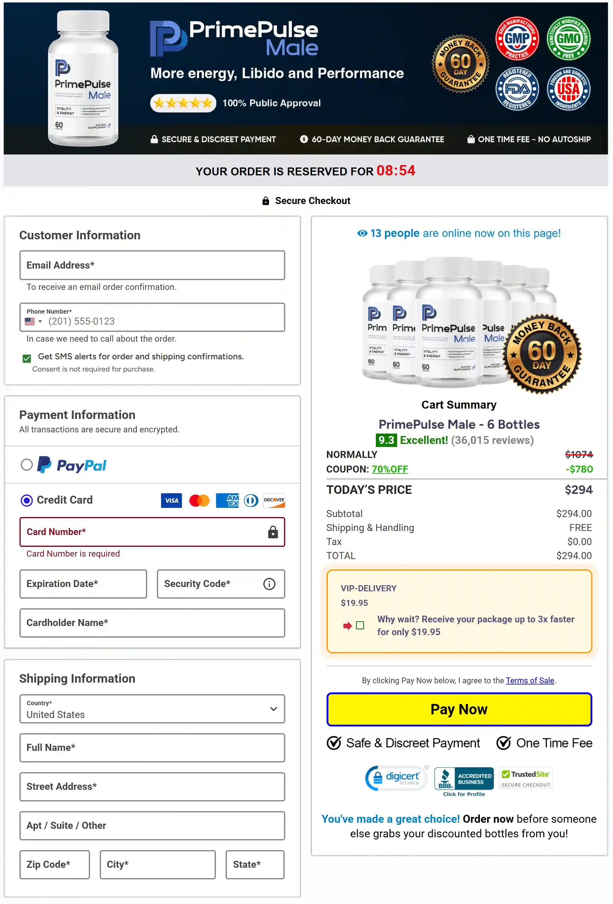Secure PrimePulse checkout page for supplement orders